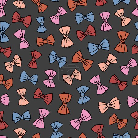 Illustration for Multicolored, retro hand drawn bows seamless repeat pattern. Random placed, vector accessories on grey background - Royalty Free Image