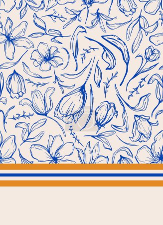 Illustration for Hand drawn blooming flowers seamless repeat pattern with editable border print - Royalty Free Image
