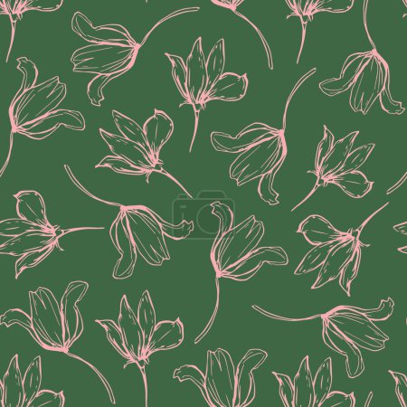 Illustration for Hand drawn flowers seamless repeat pattern. Random placed, vector botany print on green background - Royalty Free Image