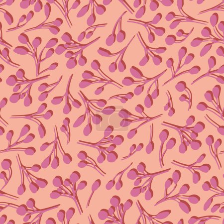 Ilustración de Patrón de repetición sin costura botánica abstracta rosa. Colocado al azar, hierbas vectoriales con sombras sobre fondo de albaricoque. - Imagen libre de derechos