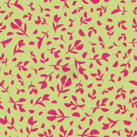 Illustration for Random placed, pink leaves seamless repeat pattern. Vector botanical elements on yellow background - Royalty Free Image