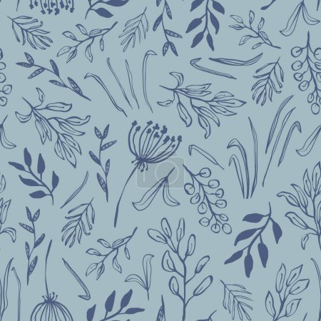 Illustration for Hand drawn botany seamless repeat pattern. Random placed, vector flowers, leaves, herbs, plants aop, all over surface print on bluish background. - Royalty Free Image