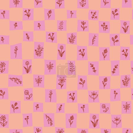 Illustration for Pink check pattern with botanical seamless repeat pattern. Hand drawn, vector flowers, leaves, herbs, branches grid aop all over surface print. - Royalty Free Image