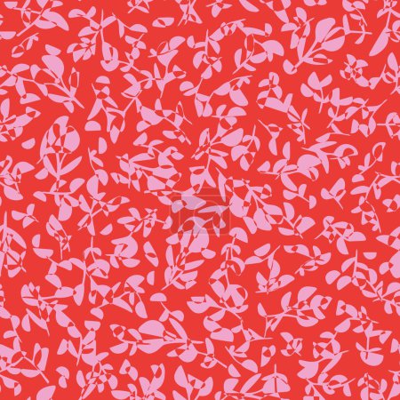 Ilustración de Flores rosadas con hojas patrón de repetición sin costuras. Colocado al azar, botánica vectorial encima de toda la superficie de impresión sobre fondo rojo. - Imagen libre de derechos