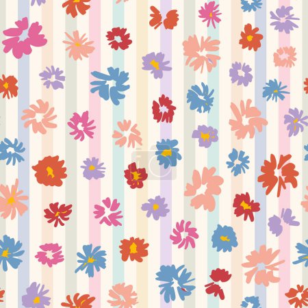 Ilustración de Floraciones caprichosas: Ilustración de dibujo floral sin costura vectorial sobre fondo de rayas verticales - Imagen libre de derechos