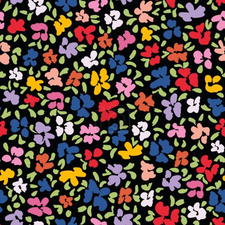 Ilustración de Floraciones caprichosas: Dibujo floral sin costura vectorial Ilustración, flores coloridas sobre fondo negro - Imagen libre de derechos