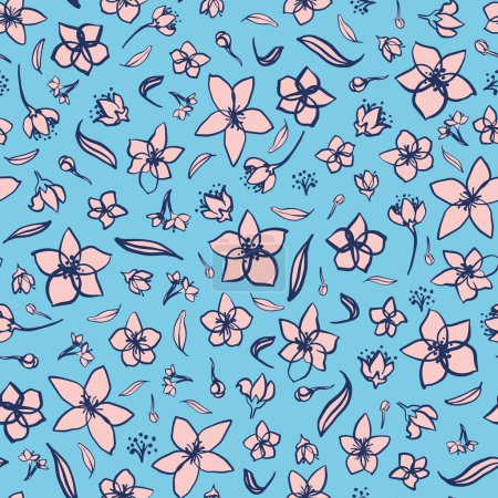 Illustration for Whimsical Blooms: Vector Seamless Floral Drawing Illustration, Pink Flowers on Blue Background - Royalty Free Image