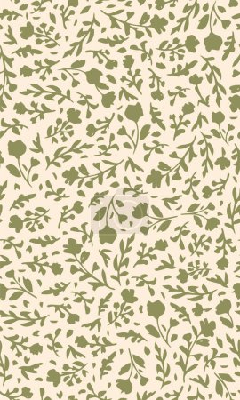 Illustration for Hand drawn, sage green botany seamless repeat pattern. Random placed, vector flowers and leaves aop, all over surface print. - Royalty Free Image