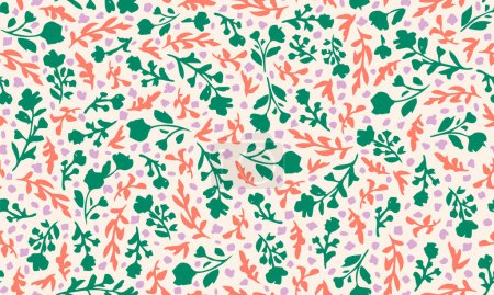 Illustration for Hand drawn, sage green botany seamless repeat pattern. Random placed, vector flowers and leaves aop, all over surface print. - Royalty Free Image