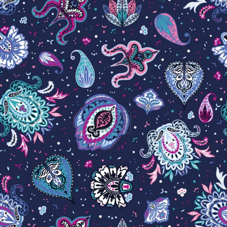 Illustration for Colorful paisley seamless repeat pattern. Random placed, vector bohemian, ethno aop all over surface print on dark blue background. - Royalty Free Image