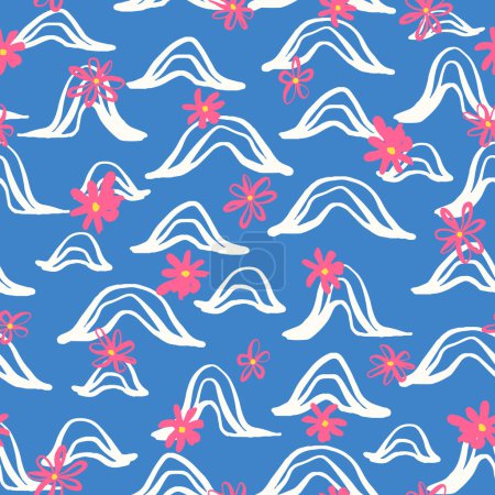 Ilustración de Flores ingenuas con olas patrón de repetición sin costuras. Botánica vectorial y arcoíris simples sobre fondo azul. - Imagen libre de derechos