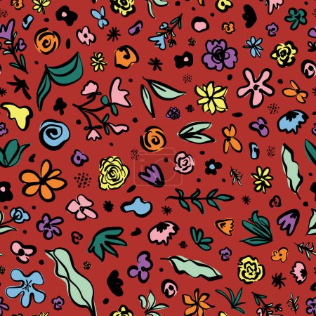 Cute doodled botany seamless repeat pattern. Random placed, hand drawn flowers and leaves aop, all over print on red background.