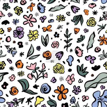 Cute doodled botany seamless repeat pattern. Random placed, hand drawn flowers and leaves aop, all over print on white background.