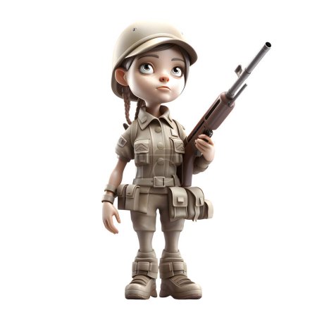 Téléchargez les photos : Ange Gardien Un personnage de l'armée fille mignon 3D avec Arme de fond blanc - en image libre de droit