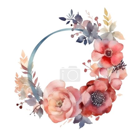 Téléchargez les photos : Couronne florale délicate numérique aux roses ; feuilles de dahlias et d'eucalyptus. Design numérique. fond blanc - en image libre de droit