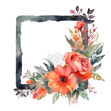 Téléchargez les photos : Cadre floral rustique numérique avec fleurs sauvages et verdure fond blanc - en image libre de droit
