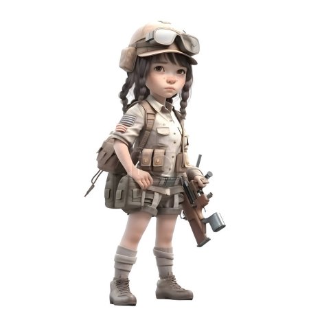 Téléchargez les photos : Petite Miss Soldat Une fille mignonne 3D en uniforme de l'armée fond blanc - en image libre de droit