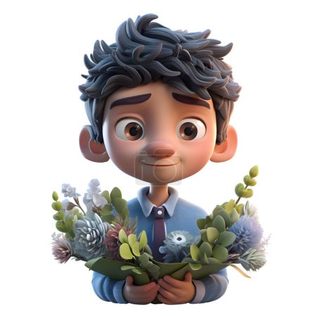 Téléchargez les photos : Fleuriste 3D aventureux garçon avec cactus idéal pour les concepts inspirés du désert ou du voyage fond blanc - en image libre de droit
