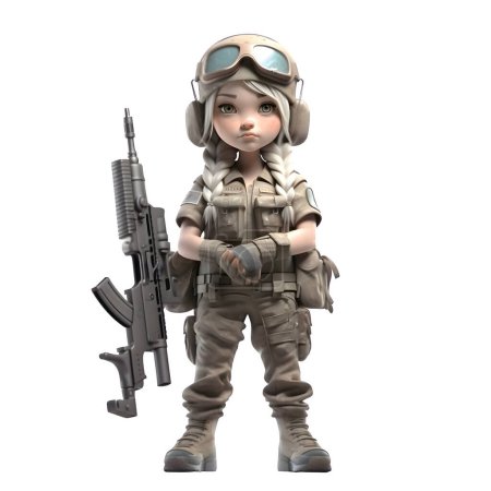 Foto de Listo para la acción Un personaje lindo del ejército de la muchacha 3D con el fondo blanco del arma - Imagen libre de derechos