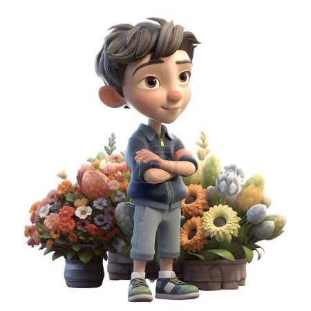 Photo for Fresh 3D Florist Boy with Flower Pot Great for Spring or Nature Themed Projects White Background - Royalty Free Image