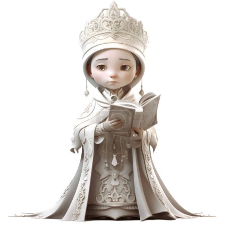 Téléchargez les photos : Caractère sacerdotal féminin mignon avec chapelet et livre saint en arrière-plan blanc 3D - en image libre de droit