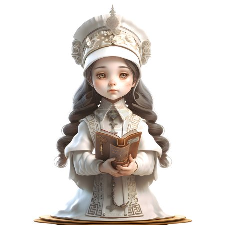 Foto de Sacerdote femenino lindo animado en 3D sosteniendo el Rosario y la Biblia Fondo blanco - Imagen libre de derechos