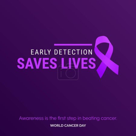 Illustration for Early Detection Saves Lives Ribbon Typography. Awareness is the first step in beating cancer - World Cancer Day - Royalty Free Image