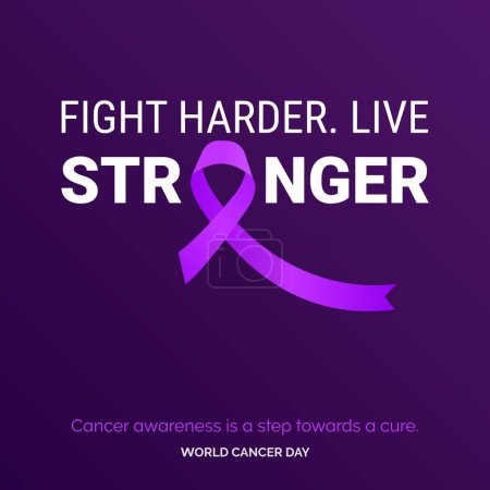 Illustration for Fight Harder. Live Stronger Ribbon Typography. Cancer awareness is a step towards a cure - World Cancer Day - Royalty Free Image