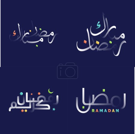 Téléchargez les illustrations : Superbe ensemble de calligraphie blanc brillant Ramadan Kareem avec couleurs vibrantes et motifs géométriques islamiques - en licence libre de droit