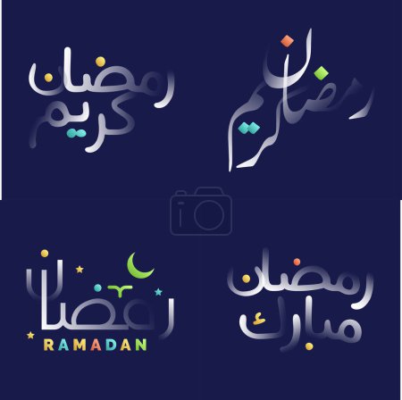 Ilustración de Caligrafía de Ramadán Kareem en blanco brillante con ilustraciones coloridas de lámparas islámicas y semilunas - Imagen libre de derechos
