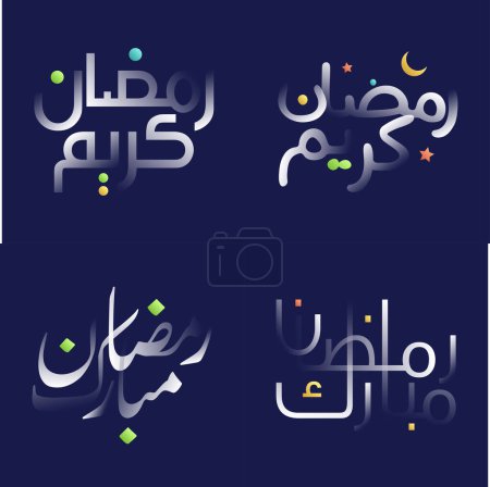 Téléchargez les illustrations : Pack de calligraphie blanc brillant Ramadan Kareem avec des éléments de conception accrocheurs en plusieurs couleurs - en licence libre de droit