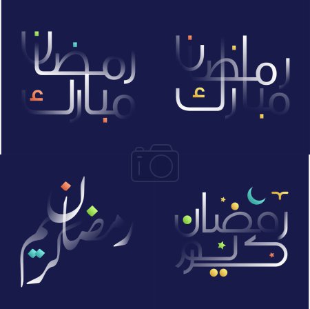 Téléchargez les illustrations : Calligraphie du Ramadan Kareem en blanc brillant avec des illustrations colorées de mosquées et de lanternes islamiques - en licence libre de droit