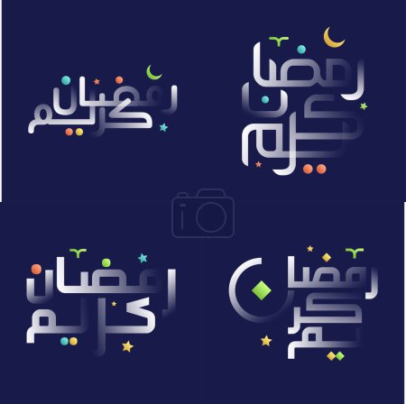 Téléchargez les illustrations : Pack de calligraphie blanc brillant Ramadan Kareem avec motifs géométriques islamiques colorés et motifs floraux - en licence libre de droit