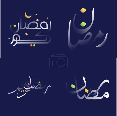 Téléchargez les illustrations : Calligraphie Ramadan Kareem en blanc brillant aux couleurs vives et aux motifs ornementaux islamiques - en licence libre de droit