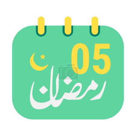Ilustración de 5º Ramadán Iconos Elegante Calendario Verde con Luna Media Luna Dorada. Texto en inglés. y caligrafía árabe. - Imagen libre de derechos