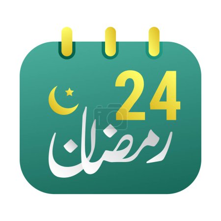 Ilustración de 24th Ramadan Icons Elegant Green Calendar with Golden Crescent Moon (en inglés). Texto en inglés. y caligrafía árabe. - Imagen libre de derechos