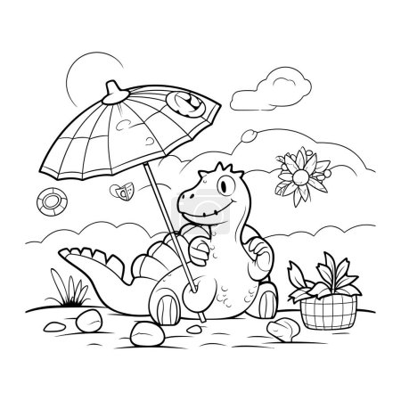 Illustration for Cute dinosaur with umbrella. Coloring book for children. Vector illustration - Royalty Free Image