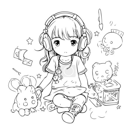 Photo for Cute little girl listening to music with headphones. Vector illustration. - Royalty Free Image