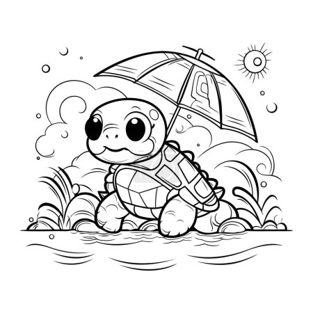 Téléchargez les illustrations : Illustration noir et blanc de tortue avec parapluie pour livre à colorier - en licence libre de droit