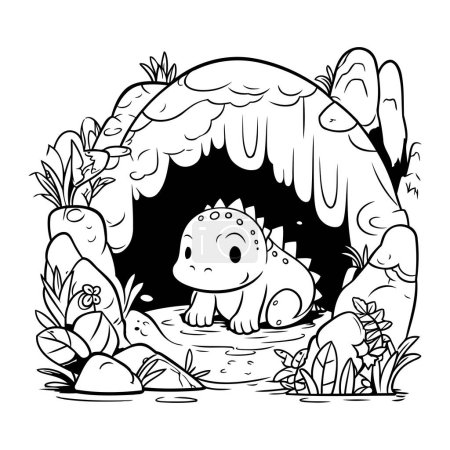Illustration for Cute cartoon dinosaur in cave. Vector illustration for coloring book. - Royalty Free Image
