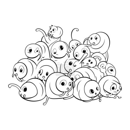 Téléchargez les illustrations : Illustration en noir et blanc d'un groupe de drôles de petits monstres de dessin animé. - en licence libre de droit