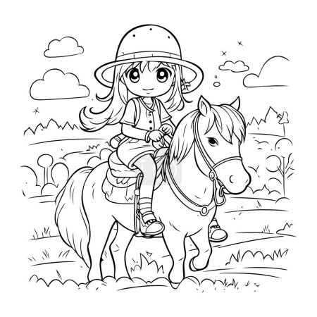 Téléchargez les illustrations : Coloriage Aperçu d'une mignonne petite fille chevauchant un cheval - en licence libre de droit