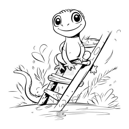Téléchargez les photos : Mignon petit lézard assis sur une échelle en bois. Illustration vectorielle. - en image libre de droit