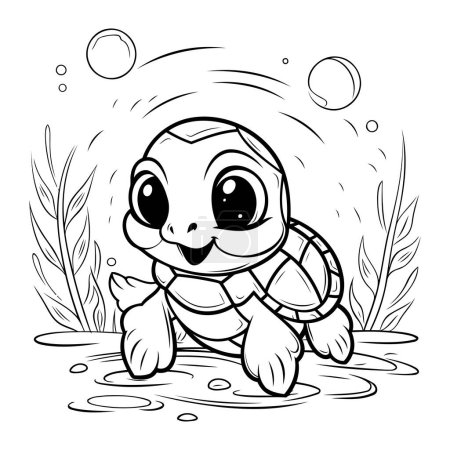 Téléchargez les illustrations : Mignon bébé tortue nageant dans l'étang. Livre à colorier pour enfants. - en licence libre de droit