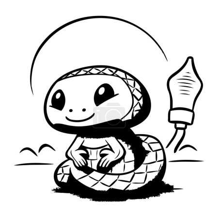 Téléchargez les illustrations : Illustration vectorielle d'une jolie tortue assise sur le sol. Version noir et blanc. - en licence libre de droit