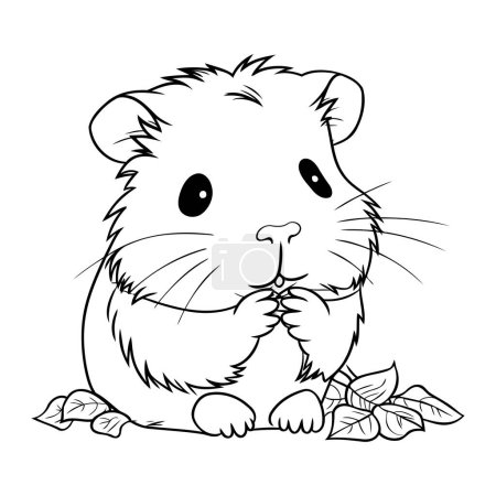 Téléchargez les illustrations : Illustration vectorielle noir et blanc. Hamster mignon avec des feuilles. - en licence libre de droit