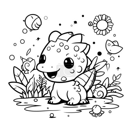 Illustration for Cute cartoon dinosaur in the garden. Vector illustration for coloring book. - Royalty Free Image