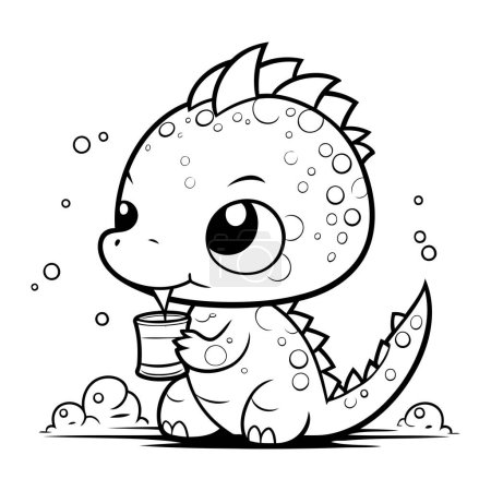 Ilustración de Ilustración de dibujos animados en blanco y negro de dinosaurio lindo con un vaso de agua para colorear libro - Imagen libre de derechos
