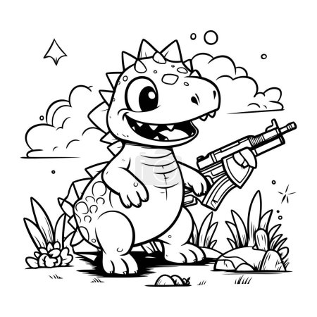 Téléchargez les illustrations : Illustration noir et blanc de dinosaure mignon avec personnage de bande dessinée pistolet - en licence libre de droit