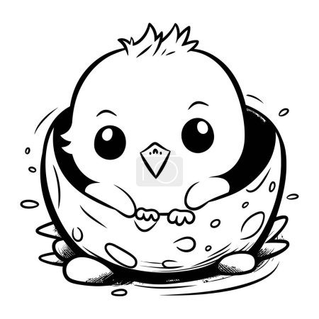 Téléchargez les illustrations : Illustration noir et blanc de bébé poussin mignon avec oeuf dans le nid pour le livre de coloriage - en licence libre de droit